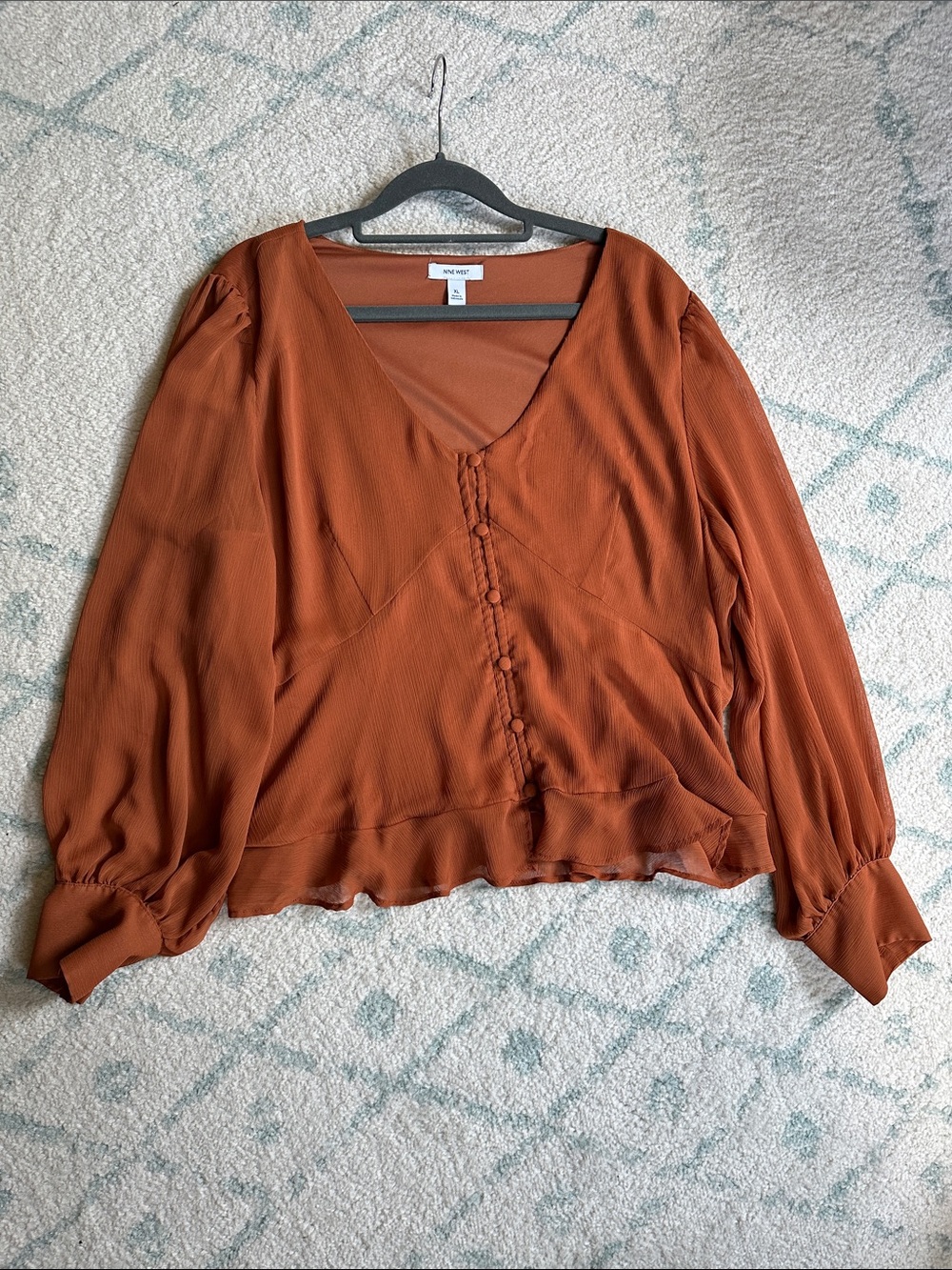 Nine West XL Rust Button-Front V-Neck Blouse
